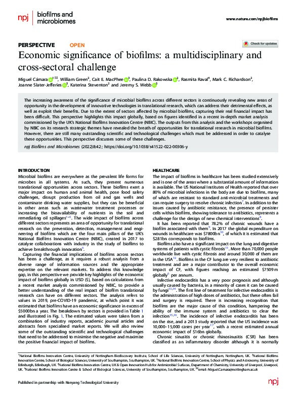 Economic significance of biofilms: a multidisciplinary and cross-sectoral challenge Thumbnail