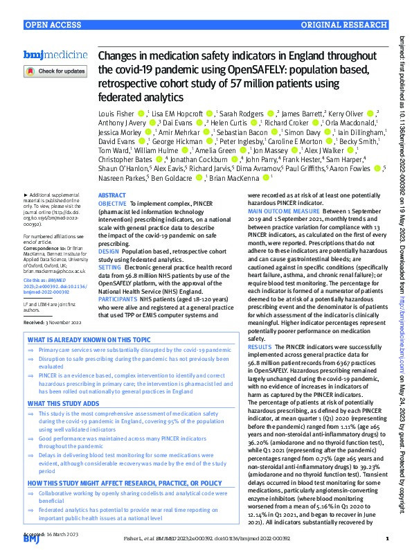 Changes in medication safety indicators in England throughout the covid-19 pandemic using OpenSAFELY: population based, retrospective cohort study of 57 million patients using federated analytics Thumbnail