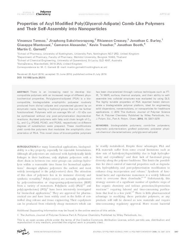 Properties of acyl modified poly(glycerol-adipate) comb-like polymers and their self-assembly into nanoparticles Thumbnail