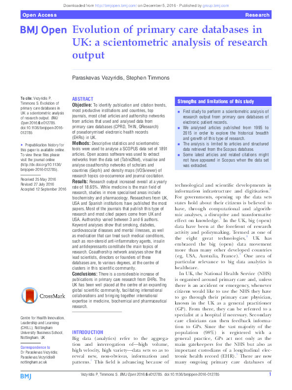 The evolution of primary care databases in UK: a scientometric analysis of research output Thumbnail