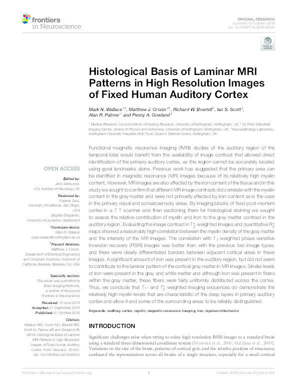 Histological basis of laminar MRI patterns in high resolution images of fixed human auditory cortex Thumbnail