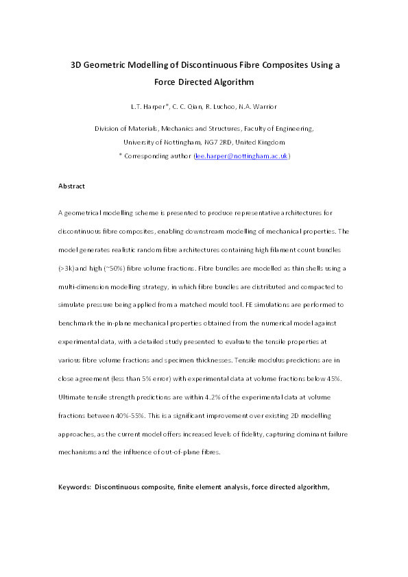 3D geometric modelling of discontinuous fibre composites using a force-directed algorithm Thumbnail