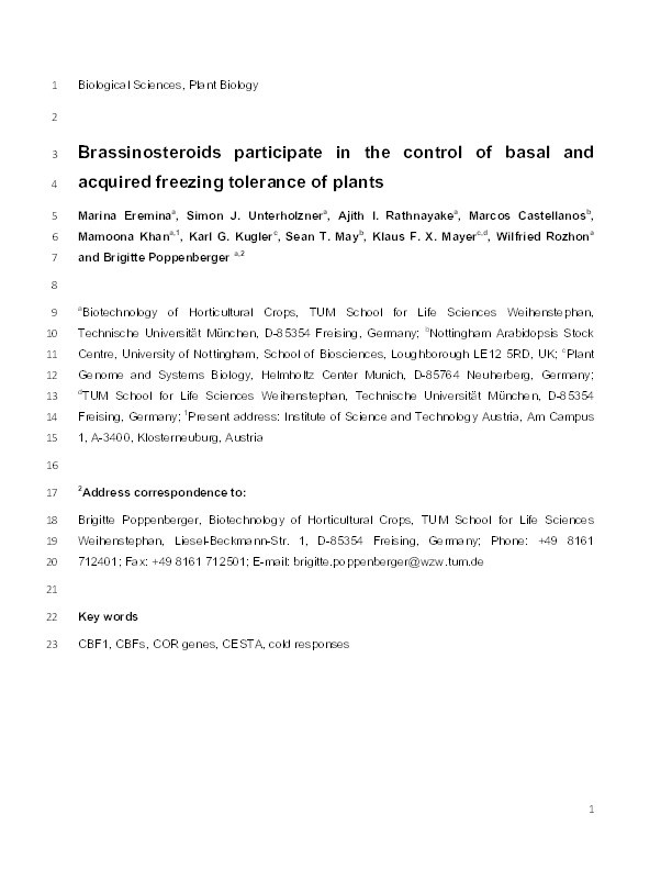 Brassinosteroids participate in the control of basal and acquired freezing tolerance of plants Thumbnail