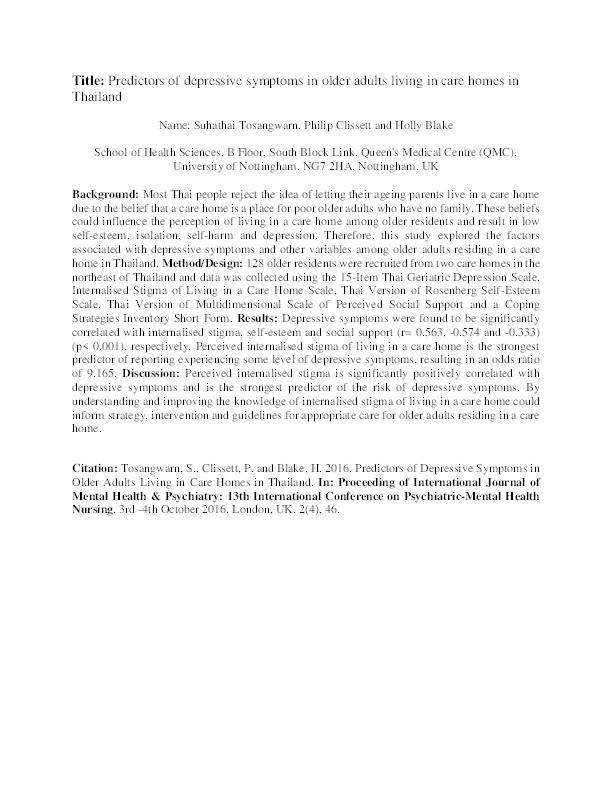 Predictors of depressive symptoms in older adults living in care homes in Thailand Thumbnail