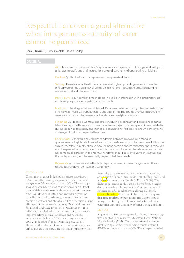 Respectful handover: a good alternative when intrapartum continuity of carer cannot be guaranteed Thumbnail