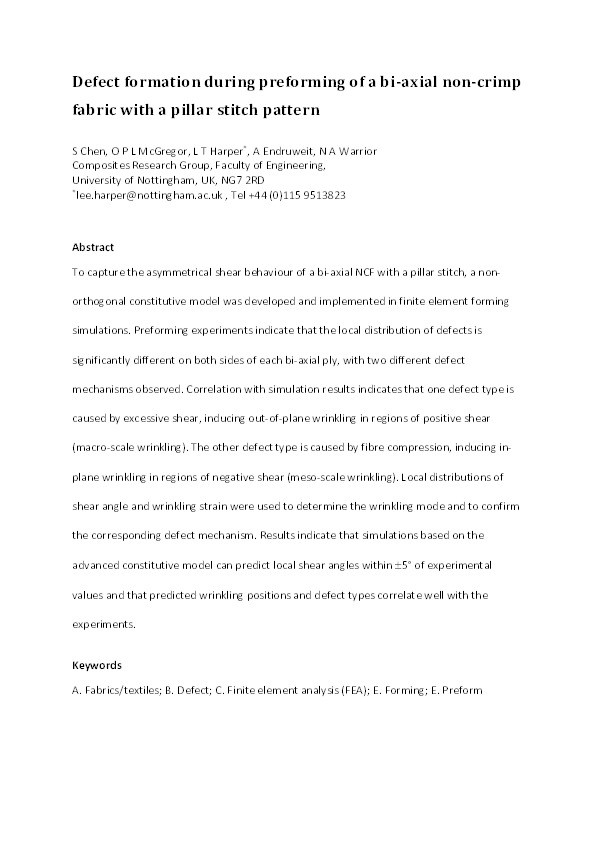 Defect formation during preforming of a bi-axial non-crimp fabric with a pillar stitch pattern Thumbnail