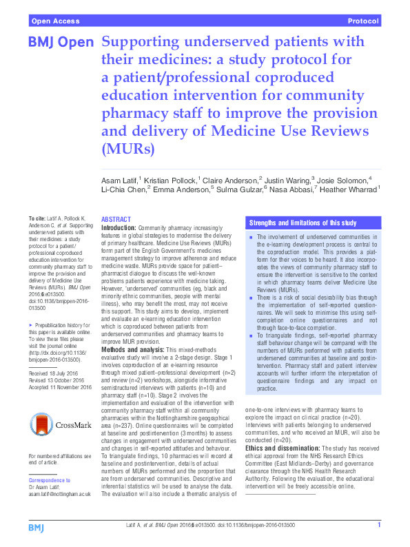 Supporting underserved patients with their medicines: a study protocol for a patient/professional coproduced education intervention for community pharmacy staff to improve the provision and delivery of Medicine Use Reviews (MURs) Thumbnail