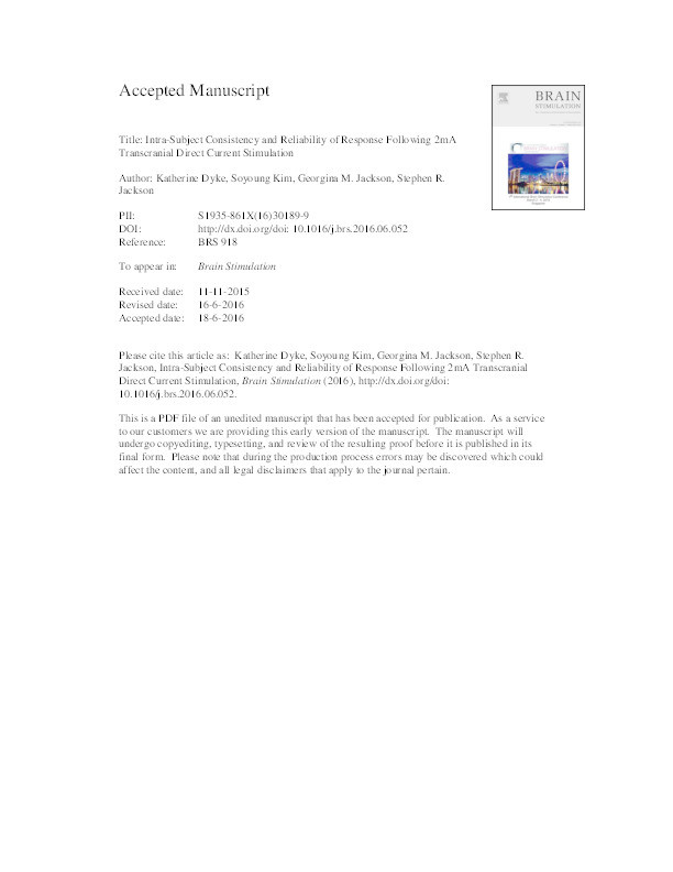 Intra-Subject Consistency and Reliability of Response Following 2 mA Transcranial Direct Current Stimulation Thumbnail