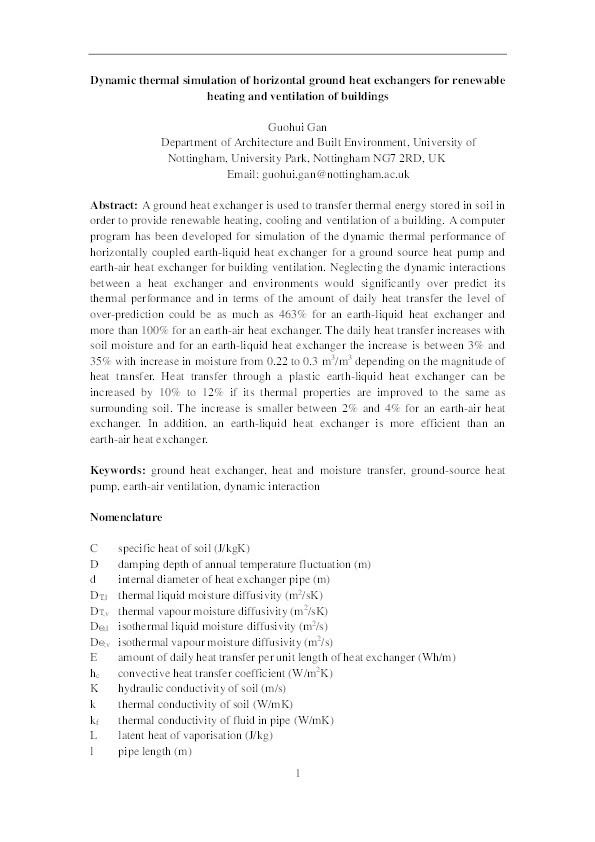 Dynamic thermal simulation of horizontal ground heat exchangers for renewable heating and ventilation of buildings Thumbnail