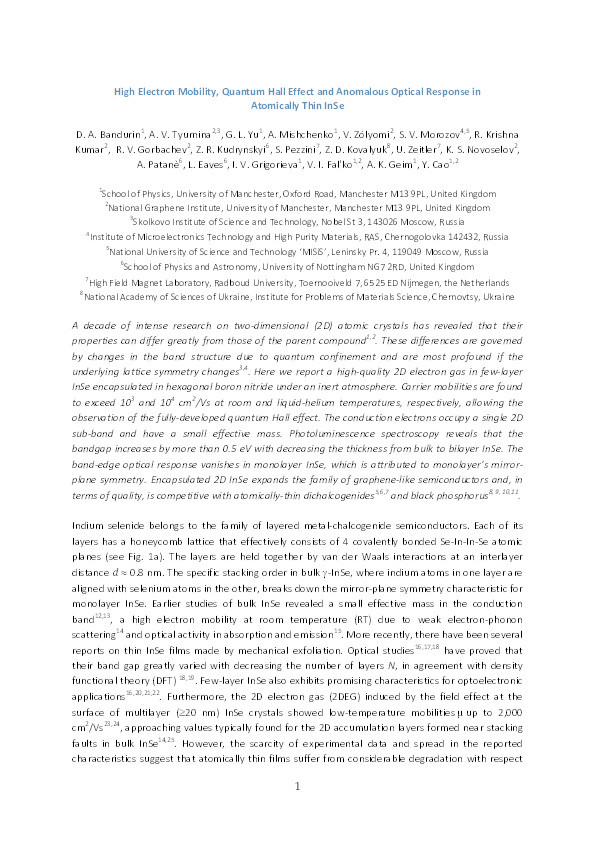 High electron mobility, quantum Hall effect and anomalous optical response in atomically thin InSe Thumbnail