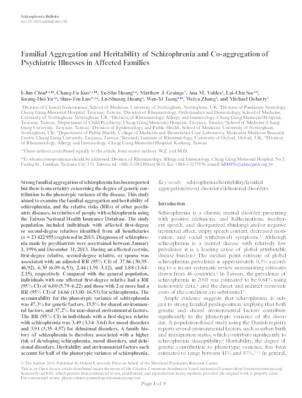 Familial aggregation and heritability of schizophrenia and co-aggregation of psychiatric illnesses in affected families Thumbnail