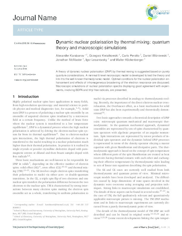 Dynamic nuclear polarisation by thermal mixing: quantum theory and macroscopic simulations Thumbnail