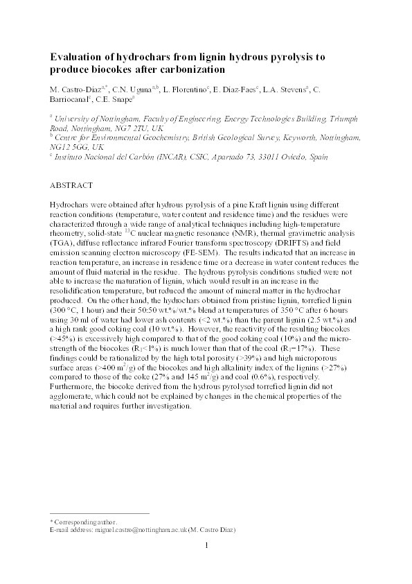 Evaluation of hydrochars from lignin hydrous pyrolysis to produce biocokes after carbonization Thumbnail