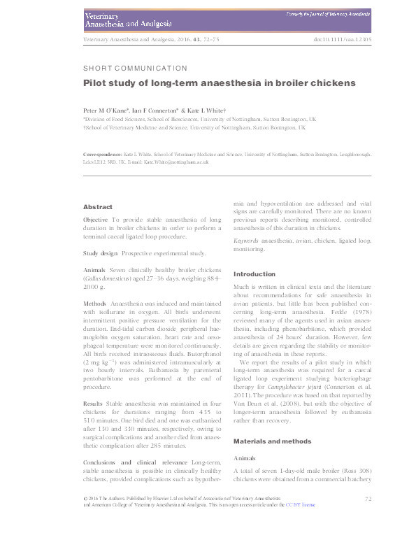 Pilot study of long-term anaesthesia in broiler chickens Thumbnail