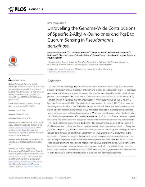 Unravelling the Genome-Wide Contributions of Specific 2-Alkyl-4-Quinolones and PqsE to Quorum Sensing in Pseudomonas aeruginosa Thumbnail