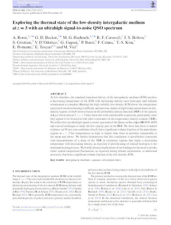 Exploring the thermal state of the low-density intergalactic medium at z = 3 with an ultra-high signal-to-noise QSO spectrum Thumbnail