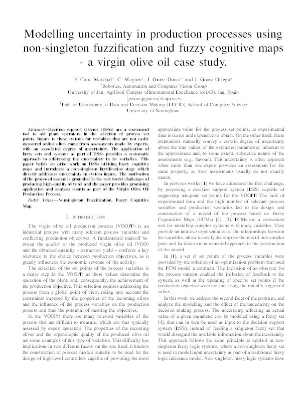 Modelling uncertainty in production processes using non-singleton fuzzification and fuzzy cognitive maps: a virgin olive oil case study Thumbnail