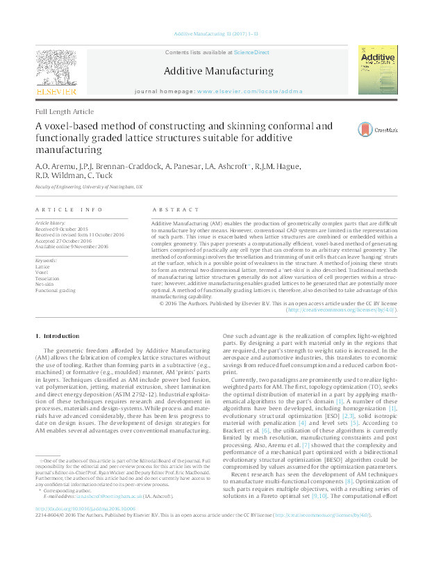 A voxel-based method of constructing and skinning conformal and functionally graded lattice structures suitable for additive manufacturing Thumbnail