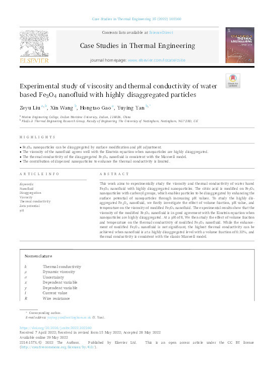 Experimental study of viscosity and thermal conductivity of water based Fe3O4 nanofluid with highly disaggregated particles Thumbnail