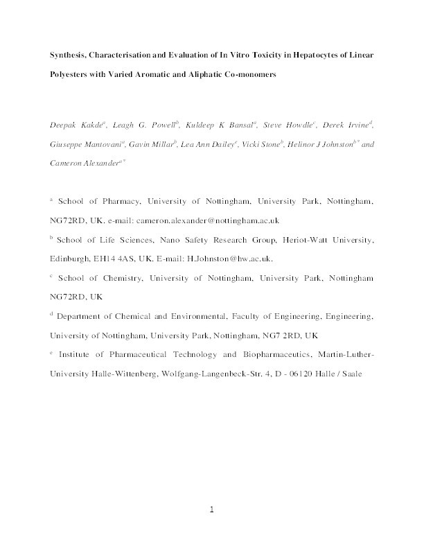 Synthesis, characterization and evaluation of in vitro toxicity in hepatocytes of linear polyesters with varied aromatic and aliphatic co-monomers Thumbnail