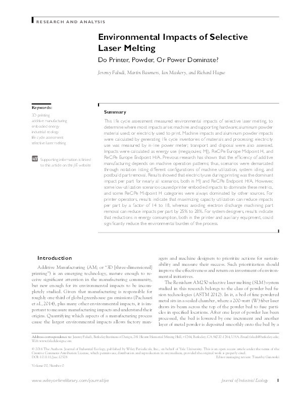 Environmental Impacts of Selective Laser Melting: Do Printer, Powder, Or Power Dominate? Thumbnail