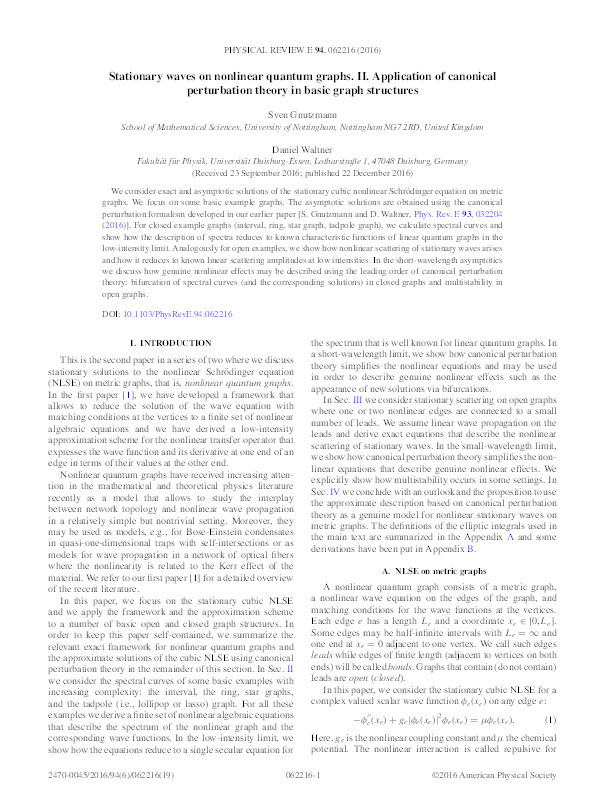 Stationary waves on nonlinear quantum graphs. II. Application of canonical perturbation theory in basic graph structures Thumbnail