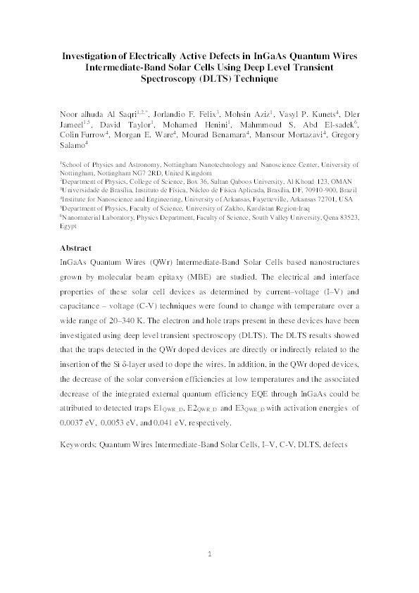 Investigation of electrically active defects in InGaAs quantum wire intermediate-band solar cells using deep-level transient spectroscopy (DLTS) technique Thumbnail