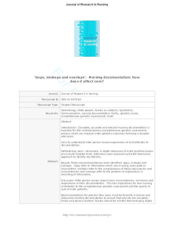 ‘Gaps, mishaps and overlaps’: nursing documentation: how does it affect care? Thumbnail