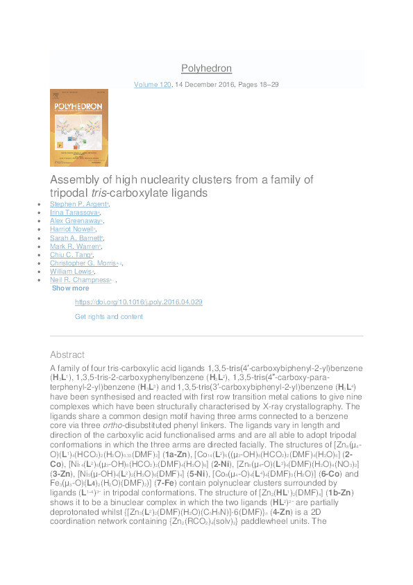 Assembly of high nuclearity clusters from a family of tripodal tris-carboxylate ligands Thumbnail