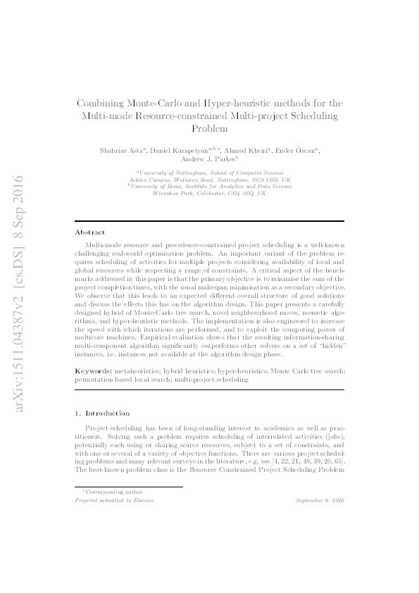 Combining Monte-Carlo and hyper-heuristic methods for the multi-mode resource-constrained multi-project scheduling problem Thumbnail