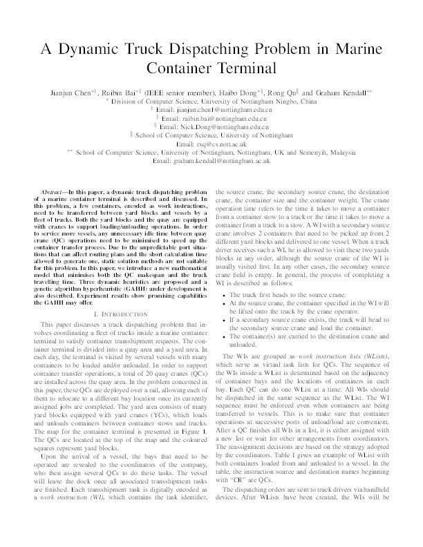 A dynamic truck dispatching problem in marine container terminal Thumbnail