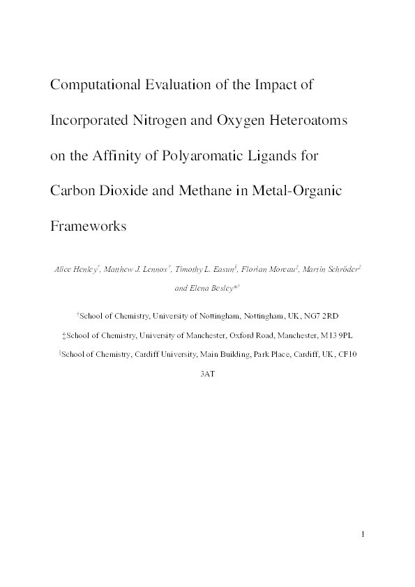 Computational evaluation of the impact of incorporated nitrogen and oxygen heteroatoms on the affinity of polyaromatic ligands for carbon dioxide and methane in metal–organic frameworks Thumbnail