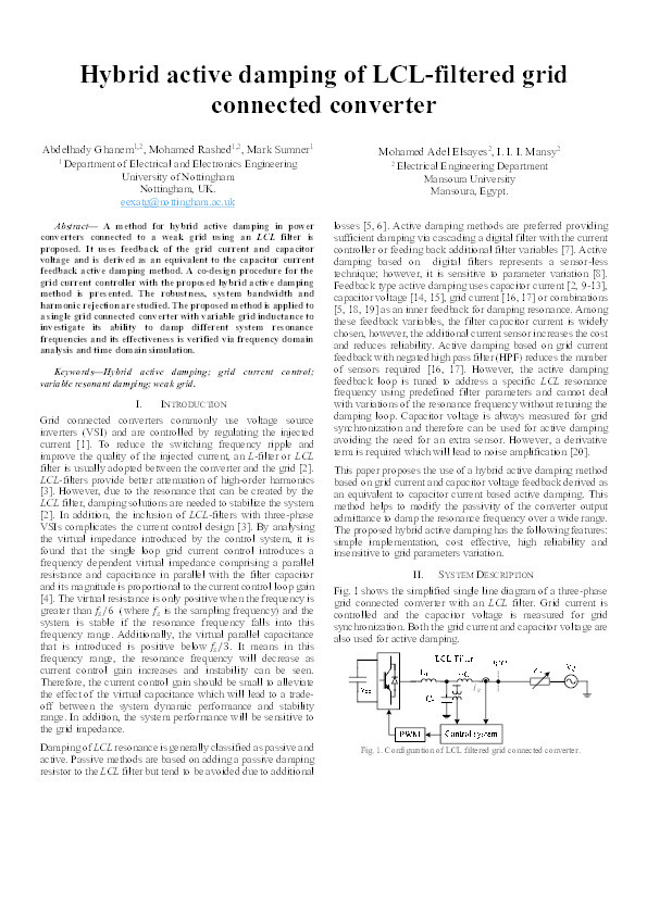 Hybrid active damping of LCL-filtered grid connected converter Thumbnail