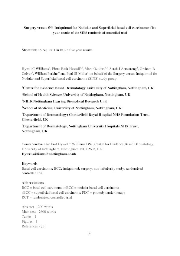 Surgery Versus 5% Imiquimod for Nodularand Superficial Basal Cell Carcinoma: 5-Year Results of the SINSRandomized Controlled Trial Thumbnail