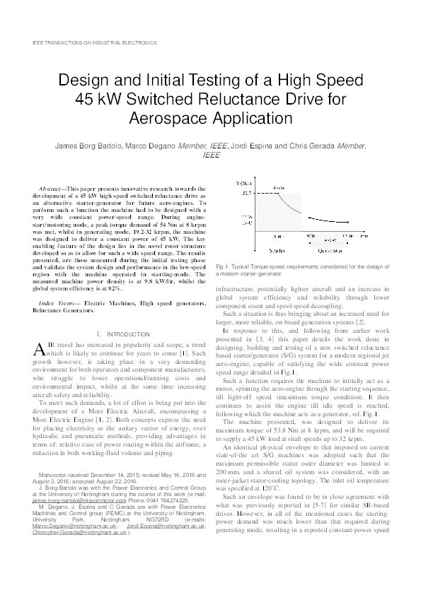 Design and initial testing of a high speed 45 kW switched reluctance drive for aerospace application Thumbnail