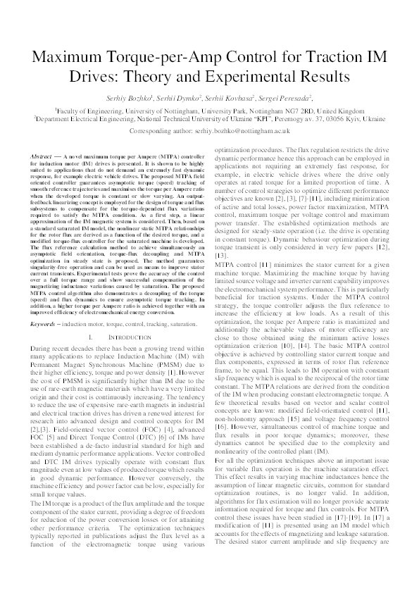 Maximum torque-per-Amp control for traction IM drives: theory and experimental results Thumbnail