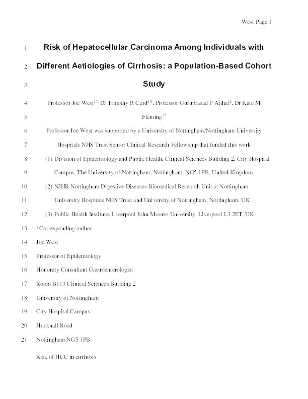Risk of hepatocellular carcinoma among individuals with different aetiologies of cirrhosis: a population-based cohort study Thumbnail