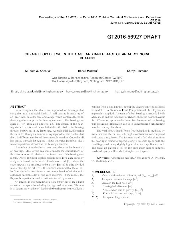 A computational fluid dynamics simulation of oil-air flow between the cage and inner race of an aero-engine bearing Thumbnail