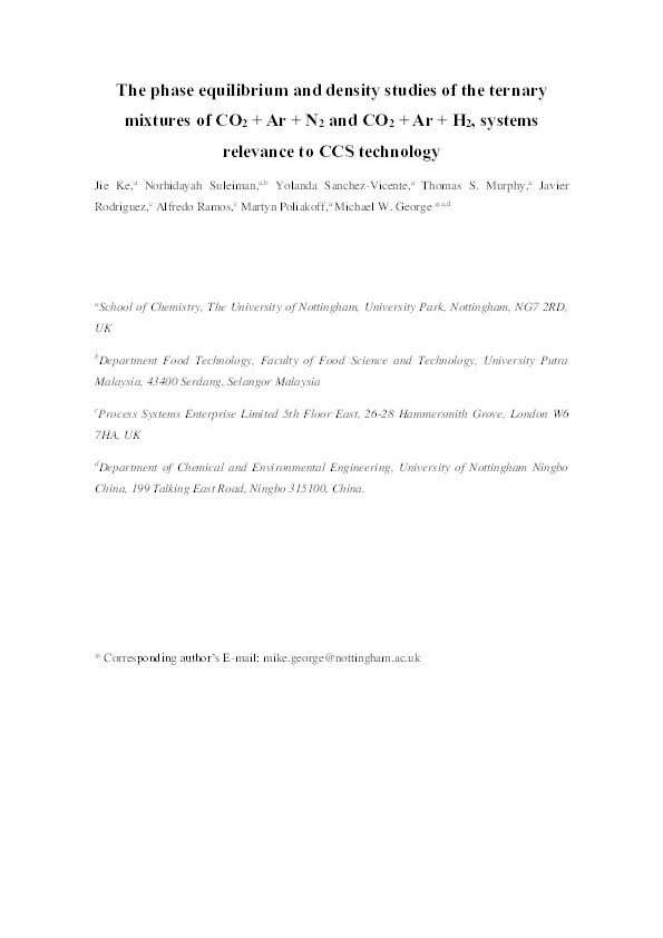 The phase equilibrium and density studies of the ternary mixtures of CO2 + Ar + N2 and CO2 + Ar + H2, systems relevance to CCS technology Thumbnail