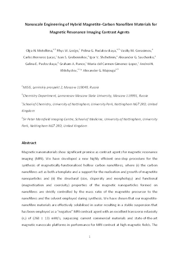 Nanoscale engineering of hybrid magnetite–carbon nanofibre materials for magnetic resonance imaging contrast agents Thumbnail