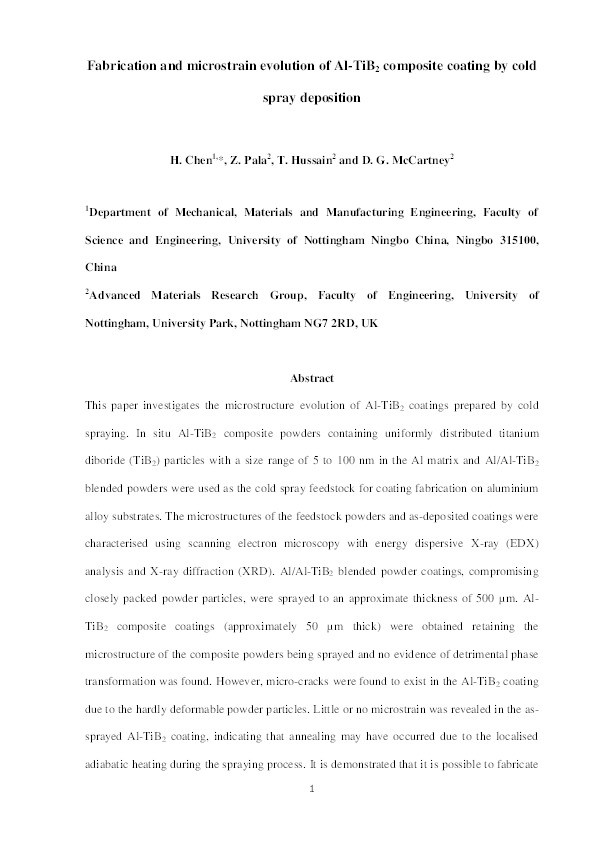 Fabrication and microstrain evolution of Al-TiB2 composite coating by cold spray deposition Thumbnail