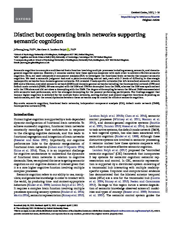 Distinct but cooperating brain networks supporting semantic cognition Thumbnail