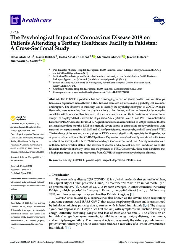 The Psychological Impact of Coronavirus Disease 2019 on Patients Attending a Tertiary Healthcare Facility in Pakistan: A Cross-Sectional Study Thumbnail
