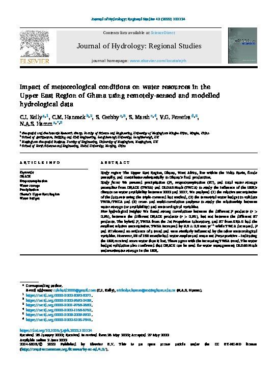 Impact of meteorological conditions on water resources in the Upper East Region of Ghana using remotely-sensed and modelled hydrological data Thumbnail