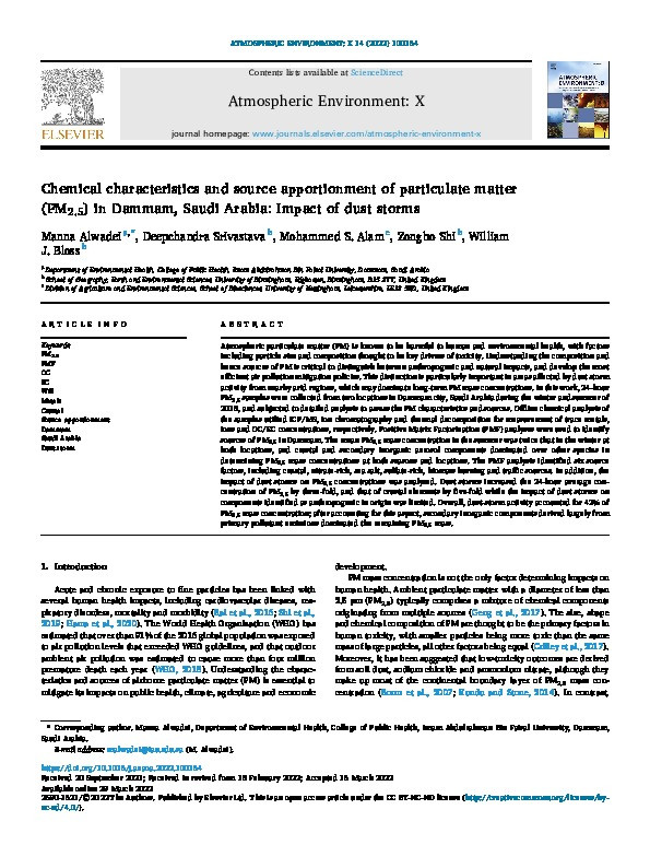 Chemical characteristics and source apportionment of particulate matter (PM2.5) in Dammam, Saudi Arabia: Impact of dust storms Thumbnail