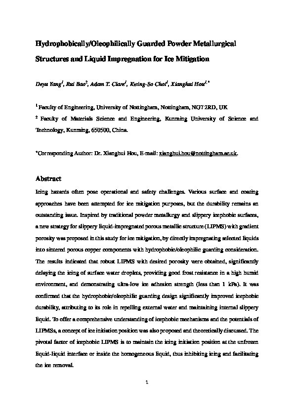 Hydrophobically/oleophilically guarded powder metallurgical structures and liquid impregnation for ice mitigation Thumbnail