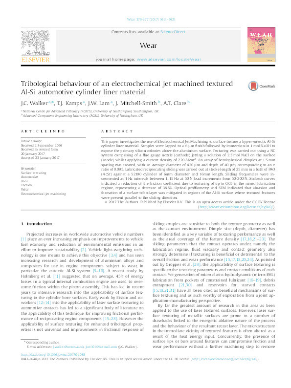 Tribological behaviour of an electrochemical jet machinedtextured Al-Si automotive cylinder liner material Thumbnail