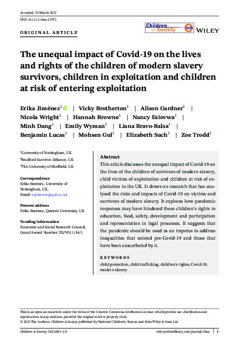 The unequal impact of Covid‐19 on the lives and rights of the children of modern slavery survivors, children in exploitation and children at risk of entering exploitation Thumbnail