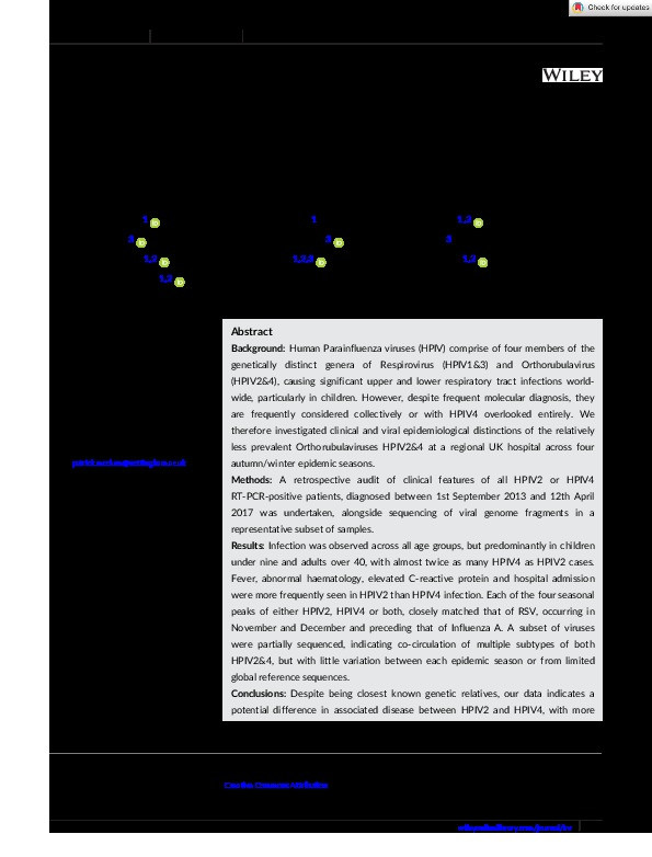 Human parainfluenza 2 & 4: Clinical and genetic epidemiology in the UK, 2013–2017, reveals distinct disease features and co‐circulating genomic subtypes Thumbnail