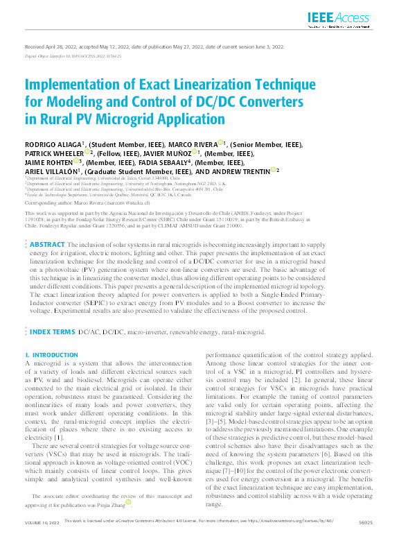 Implementation of Exact Linearization Technique for Modeling and Control of DC/DC Converters in Rural PV Microgrid Application Thumbnail